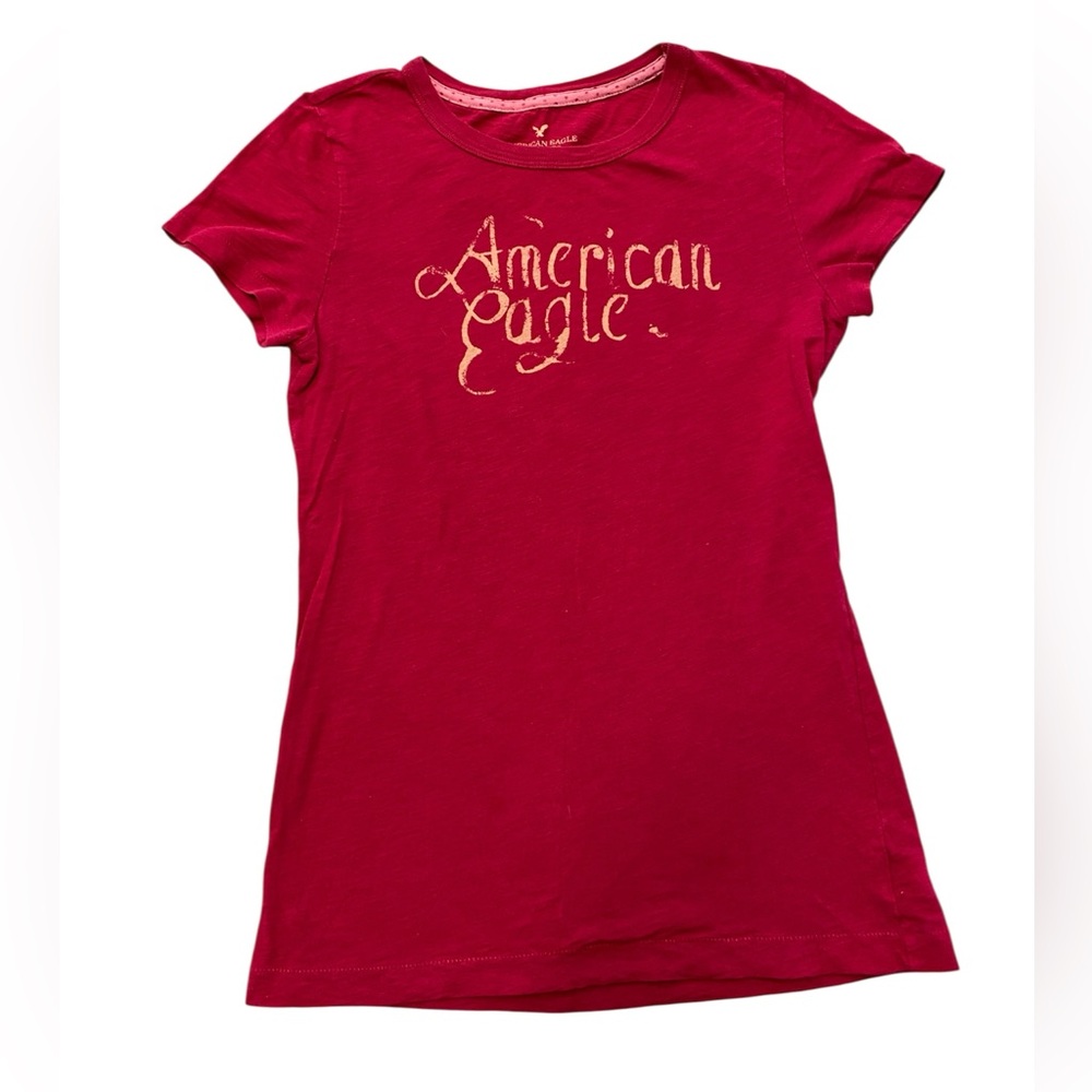 American Eagle Y2K Graphic Basic Crew Tee Red‎ Pink Logo Short Sleeve Jr Medium